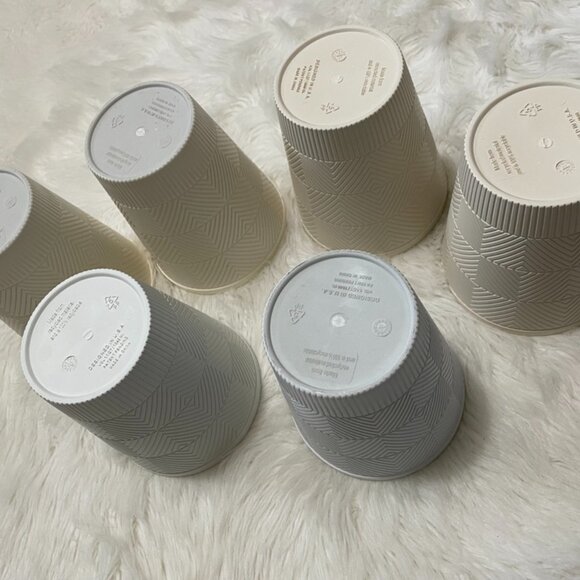(Set of 6) 5" plastic textured pattern planter pots 2 gray-white & 4 beige - Picture 2 of 10